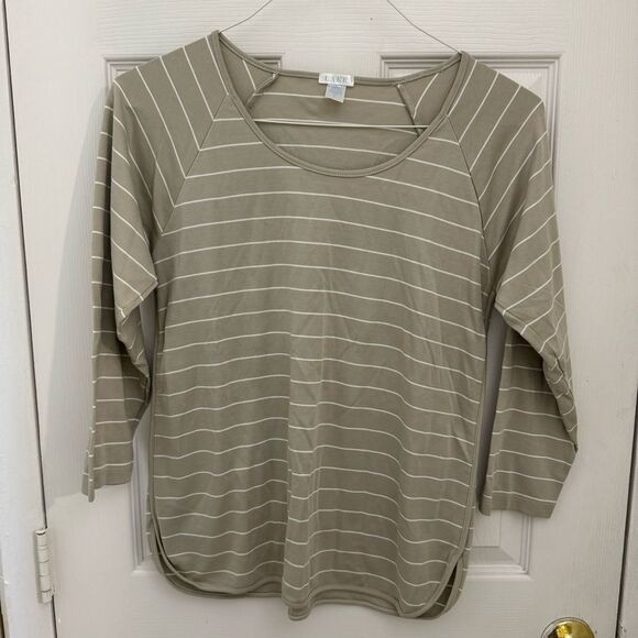 LAKE Tops - LAKE 100% Pima Cotton Pajama Shirt Size Small Tan Striped Scoop Neck Long Sleeve